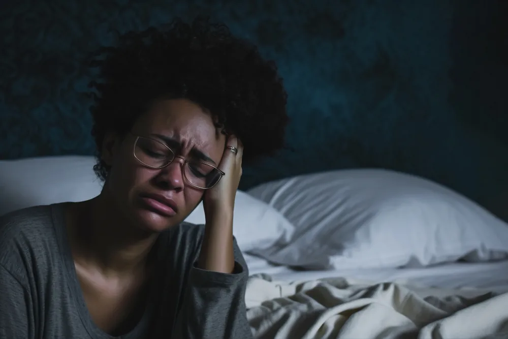 Woman appearing emotionally distressed while awake during another difficult night