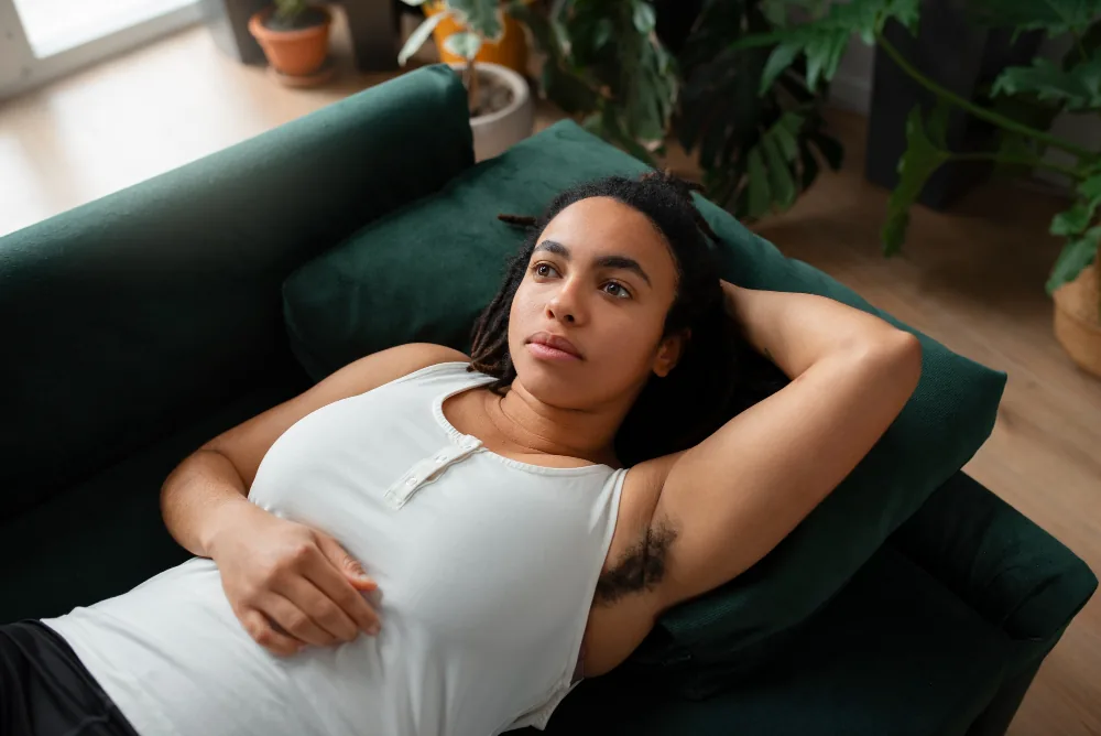 Woman using slow breathing while responding to panic symptoms